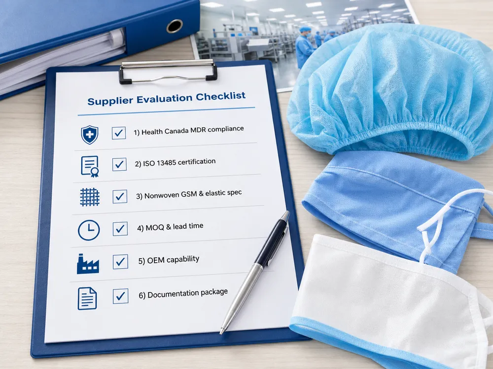 Supplier evaluation checklist for disposable medical caps procurement in Canada covering certifications, MOQ, and compliance