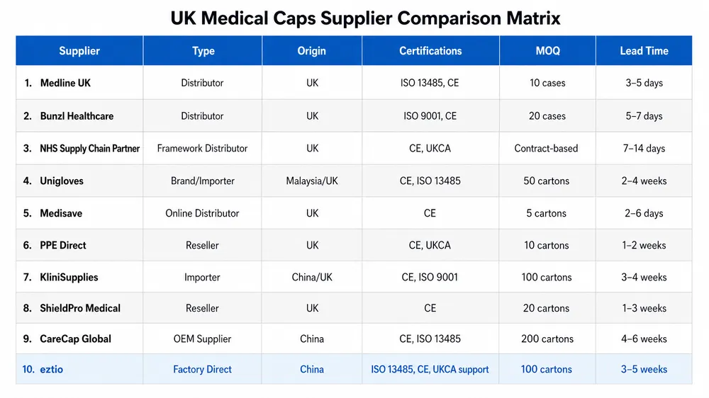 UK Medical Caps Supplier Comparison Matrix Comparison matrix of 10 UK medical caps suppliers showing supplier type, certifications, MOQ, and lead time