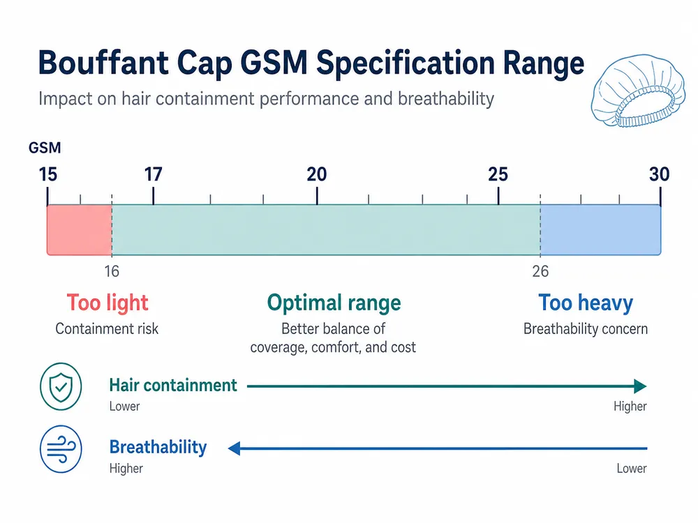 Bouffant Cap GSM Specification Range Nonwoven GSM specification range chart for disposable bouffant medical caps showing performance trade-offs