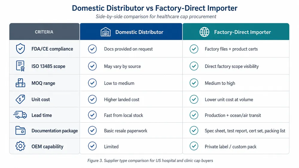 Domestic Distributor vs Factory-Direct Supplier Comparison Comparison matrix of domestic distributor versus factory-direct medical cap supplier types for US hospital buyers