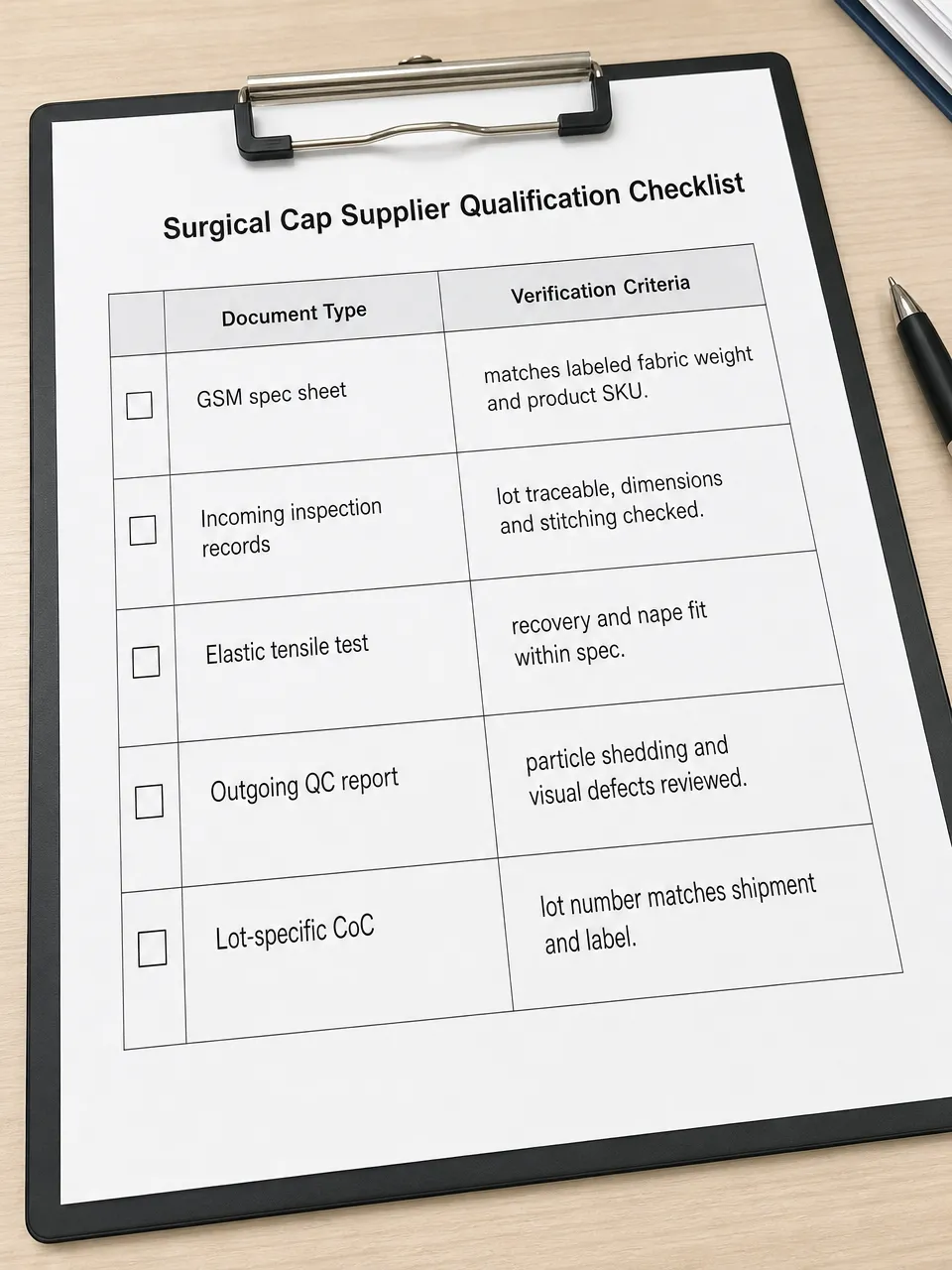 Surgical Cap Supplier Qualification Checklist Supplier qualification checklist for surgical cap procurement showing required documentation and specification verification steps