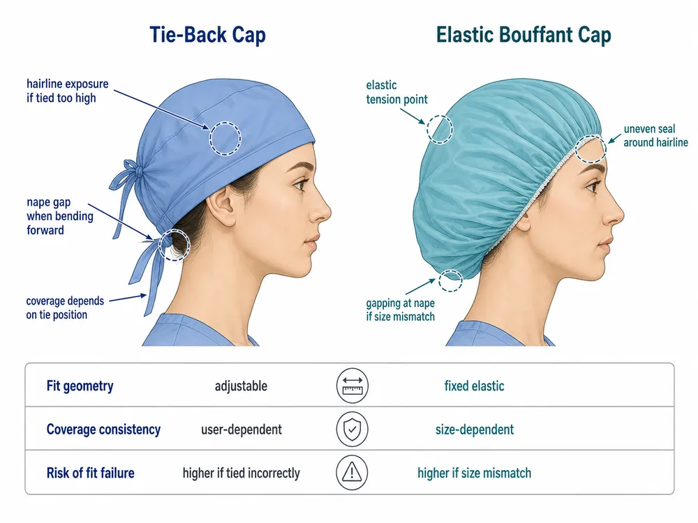 Tie-Back vs. Elastic Bouffant: Coverage Geometry Side-by-side diagram comparing tie-back surgical cap and elastic bouffant cap coverage geometry and common fit failure points