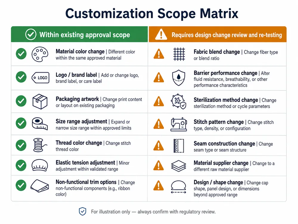 Decision matrix showing which surgical cap customizations stay within CE and FDA approval scope versus which require re-testing