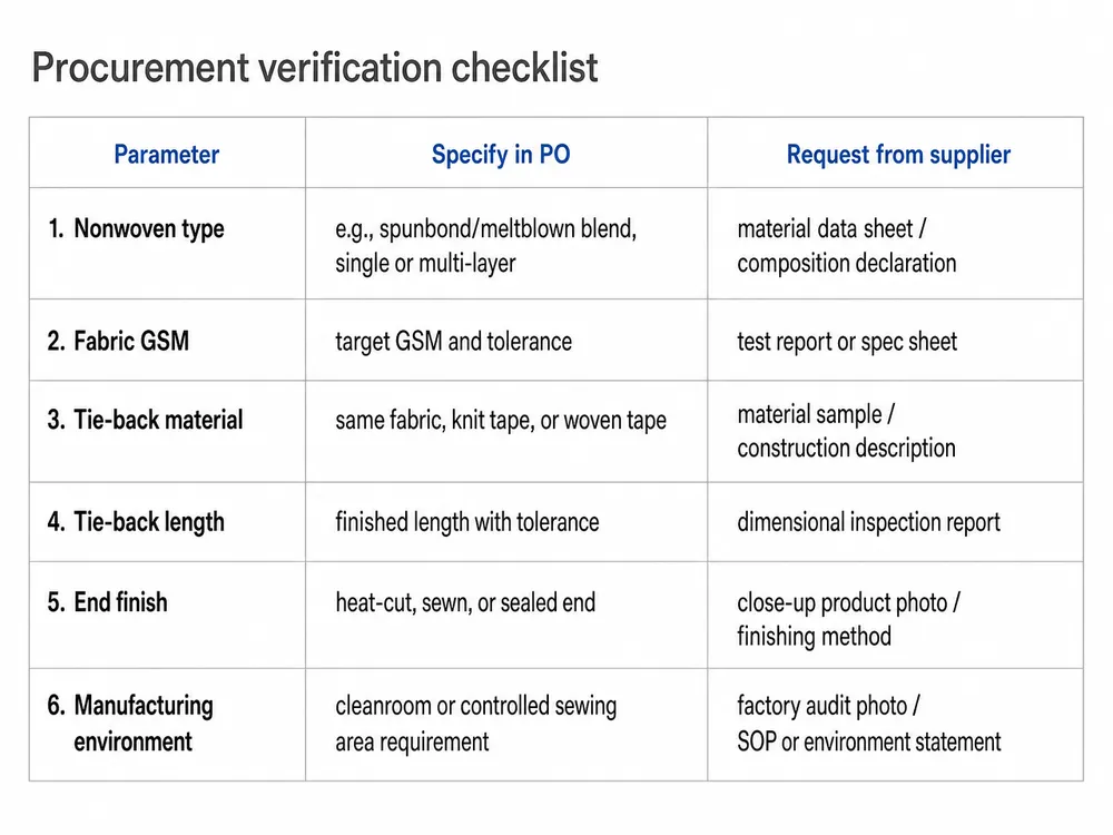 Surgical Cap Procurement Verification Checklist Procurement verification checklist for surgical tie-back cap specifications showing six parameters and required documentation