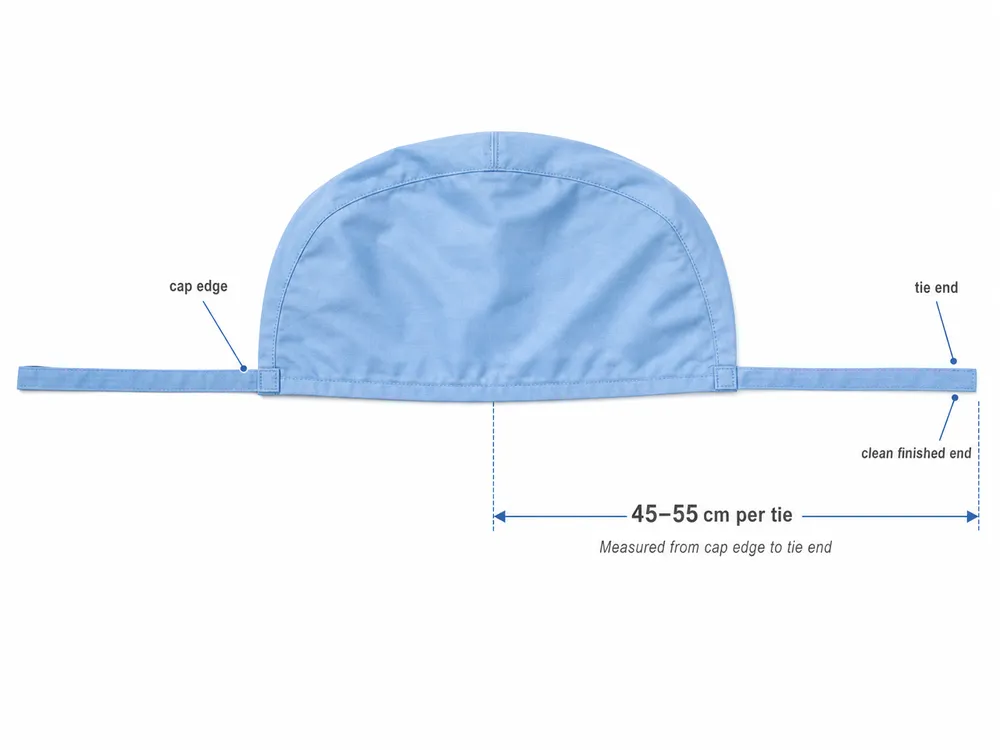 Surgical Cap Tie-Back Length Specification Diagram showing surgical cap tie-back length measurement from cap edge to tie end with standard 45-55cm range labeled
