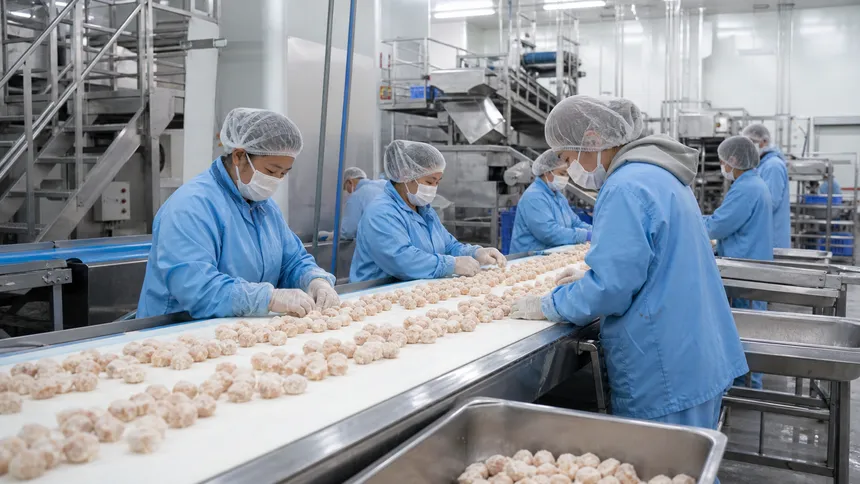 Food processing facility workers wearing bouffant caps during production