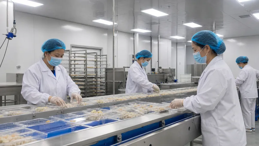 Food manufacturing facility workers wearing disposable caps for contamination control