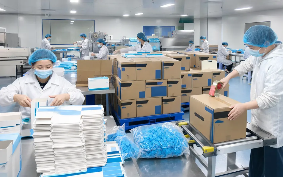 OEM packaging production line showing custom branded disposable medical cap cartons