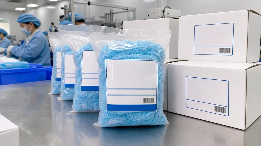 Custom branded disposable medical cap packaging with OEM labeling