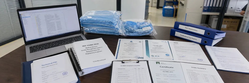 ISO 13485, CE MDR, FDA 510(k) certification documents and compliance documentation for medical cap exports
