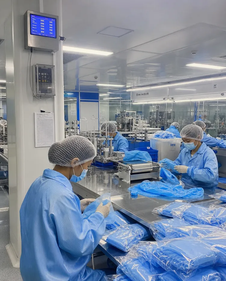 ISO 8 cleanroom environment where medical caps are manufactured with continuous particle monitoring