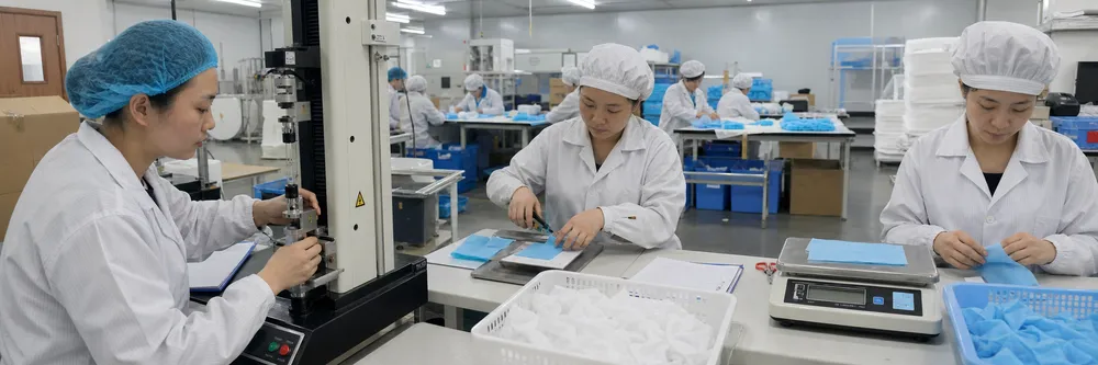 Quality control inspection line testing elastic tensile strength and fabric basis weight on medical caps