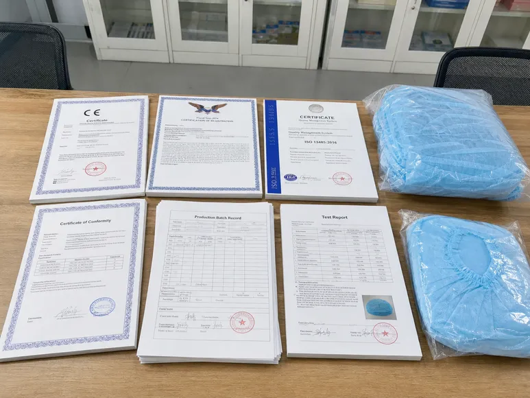 Compliance documentation package including CE certificate, FDA registration, and ISO 13485 certification for surgical medical caps