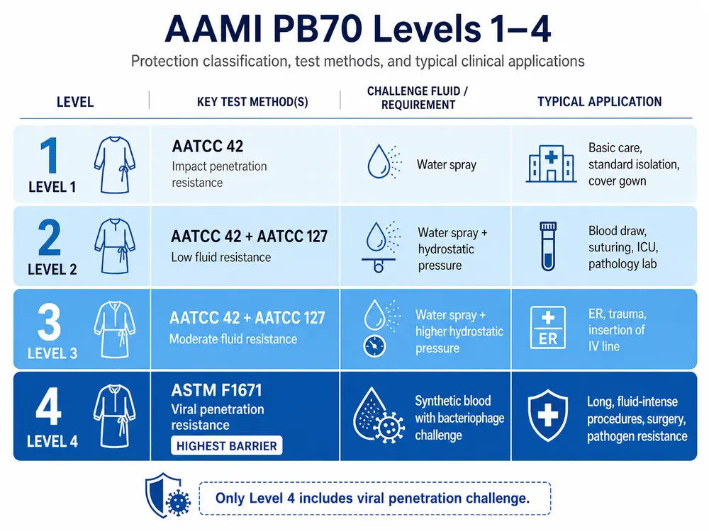 AAMI PB70 four-level protection classification chart showing test methods and clinical applications for medical gowns