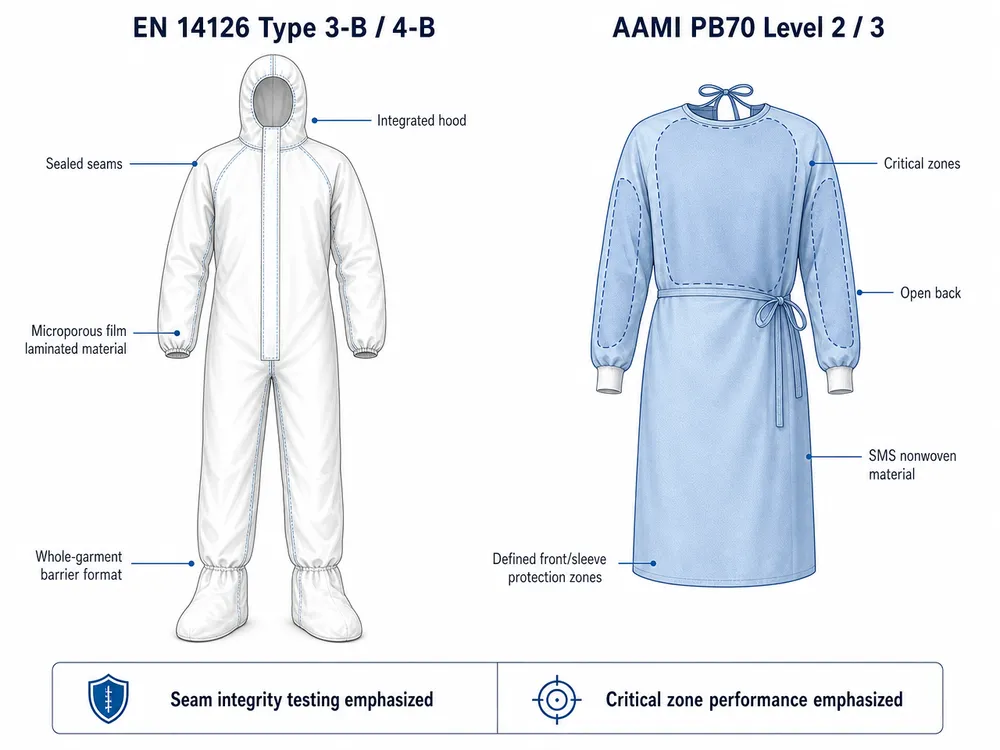 Comparison diagram showing coverall format for EN 14126 and isolation gown format for AAMI PB70 with key construction differences