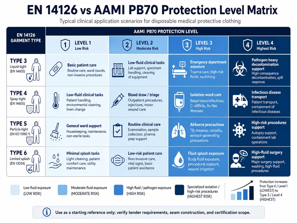 Comparison matrix showing EN 14126 Type 3 through Type 6 and AAMI PB70 Level 1 through 4 protection levels mapped against clinical application scenarios