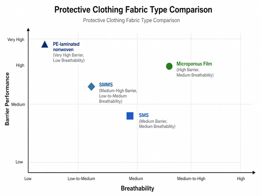Protective Clothing Fabric Type Comparison Comparison chart of SMS, SMMS, PE-laminated, and microporous film nonwoven fabrics for medical protective clothing showing barrier performance versus breathability