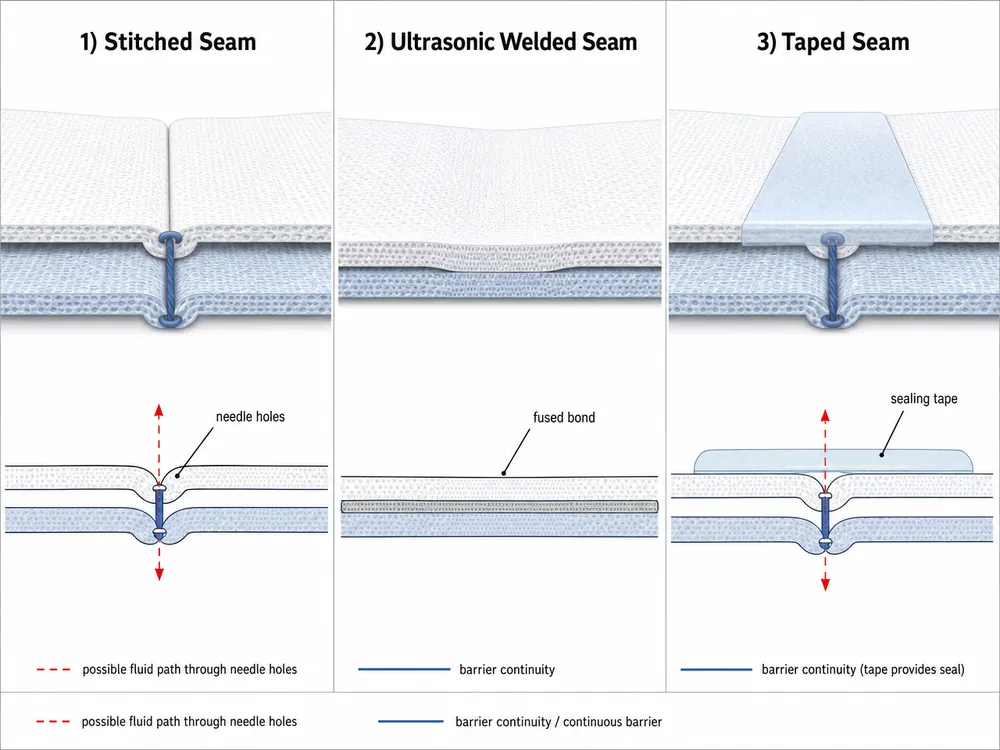 Seam Sealing Methods Comparison Cross-section diagram comparing stitched, ultrasonically welded, and taped seam constructions in disposable medical protective clothing
