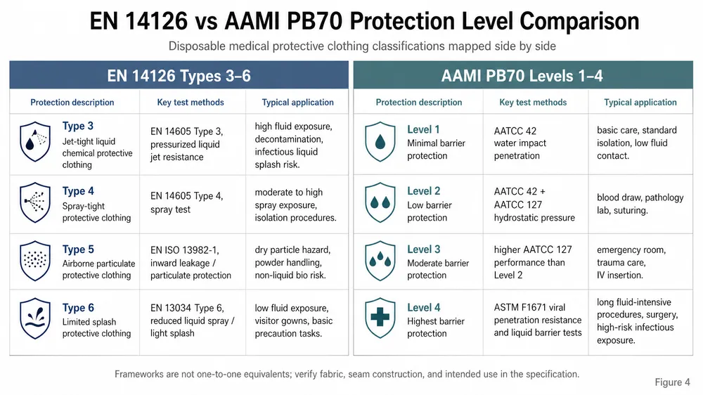 EN 14126 vs AAMI PB70 Protection Level Comparison Side-by-side comparison table of EN 14126 Types 3-6 and AAMI PB70 Levels 1-4 protection classifications for disposable medical protective clothing