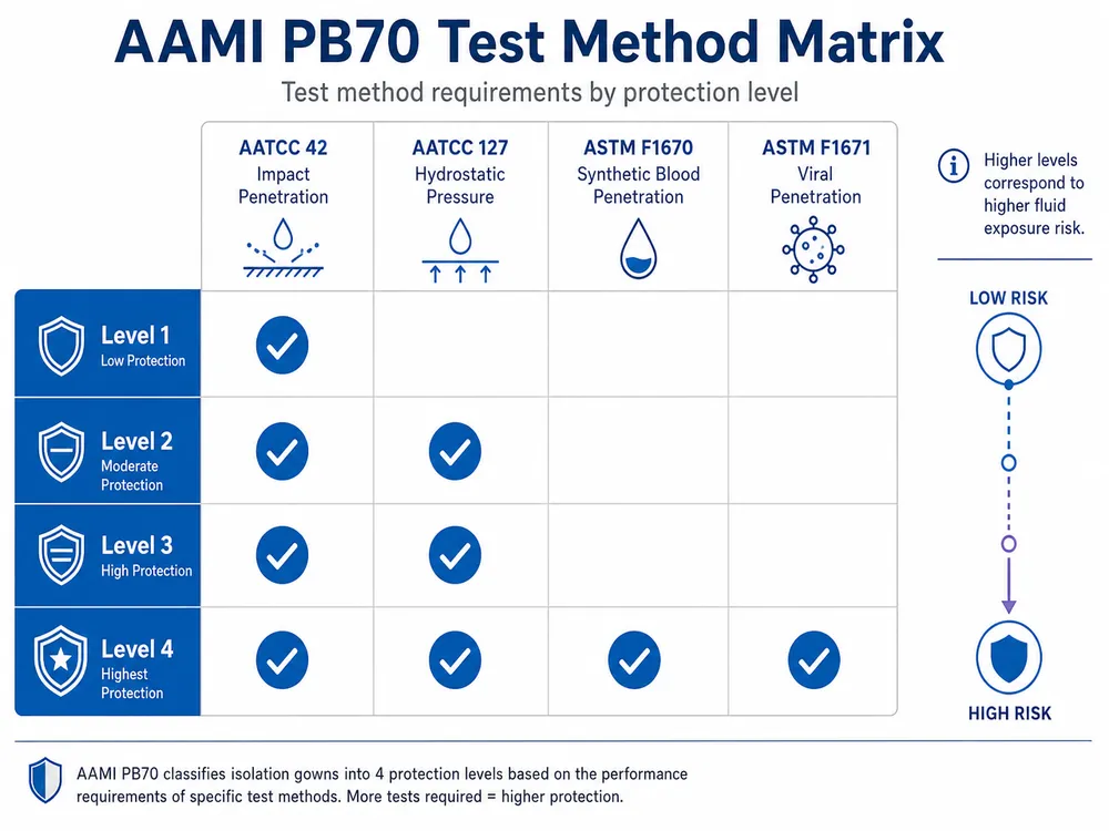 AAMI PB70 Test Method Matrix Matrix showing which AAMI PB70 test methods apply to each isolation gown protection level