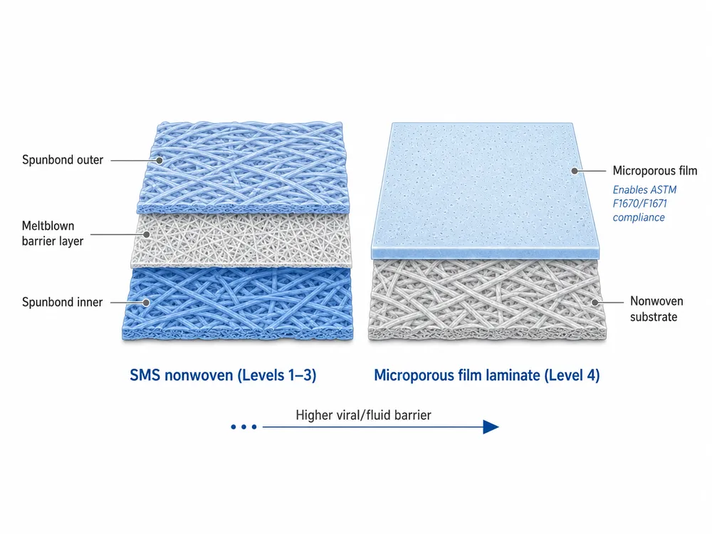 SMS vs Microporous Film Gown Construction Cross-section diagram comparing SMS nonwoven and microporous film laminate construction for isolation gowns