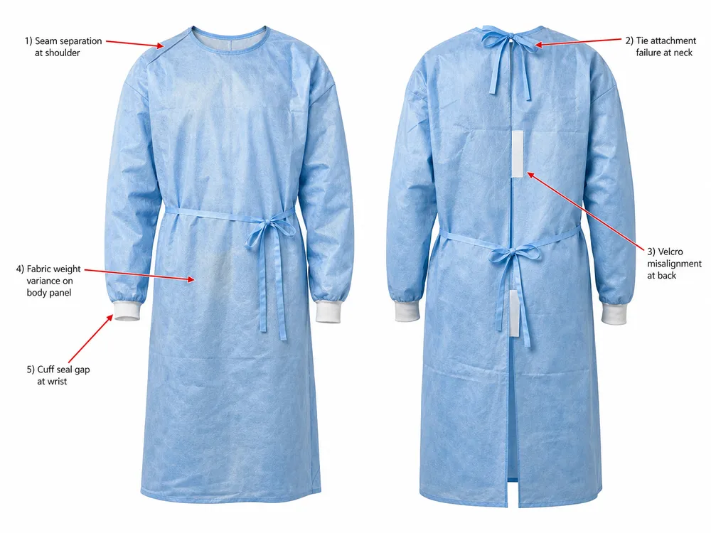 Common defect types found during receiving inspection of bulk medical isolation gowns