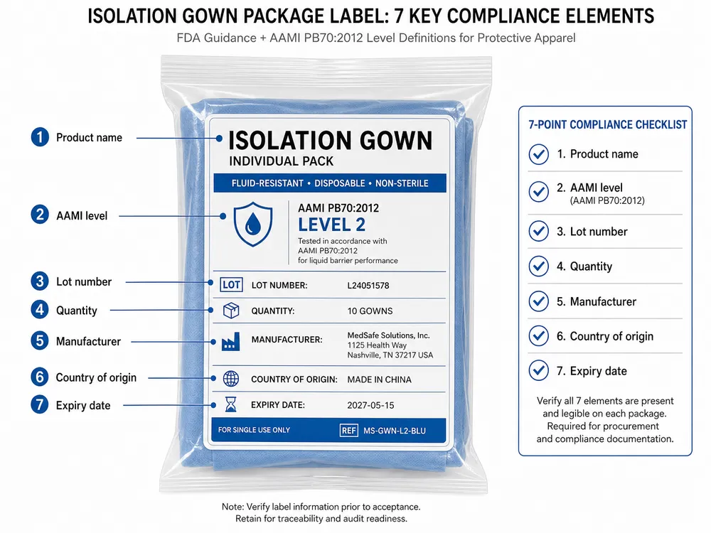 Required label elements on individual isolation gown packaging for AAMI PB70 compliance