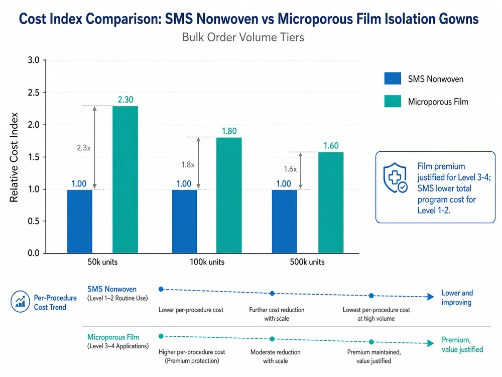 Cost comparison chart for SMS nonwoven vs microporous film isolation gowns at bulk order volumes showing per-unit and per-procedure cost differences
