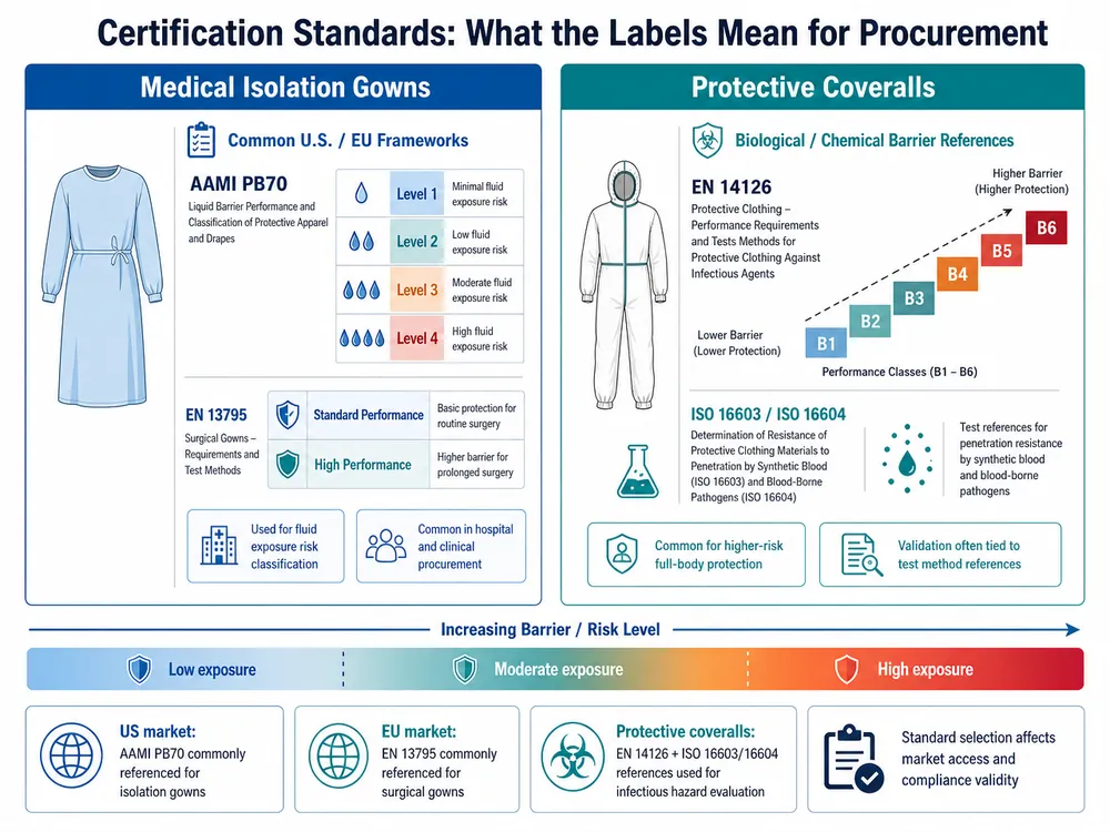 Gown vs Coverall Certification Standards Matrix Certification standards comparison table for medical isolation gowns and protective coveralls across US and EU markets
