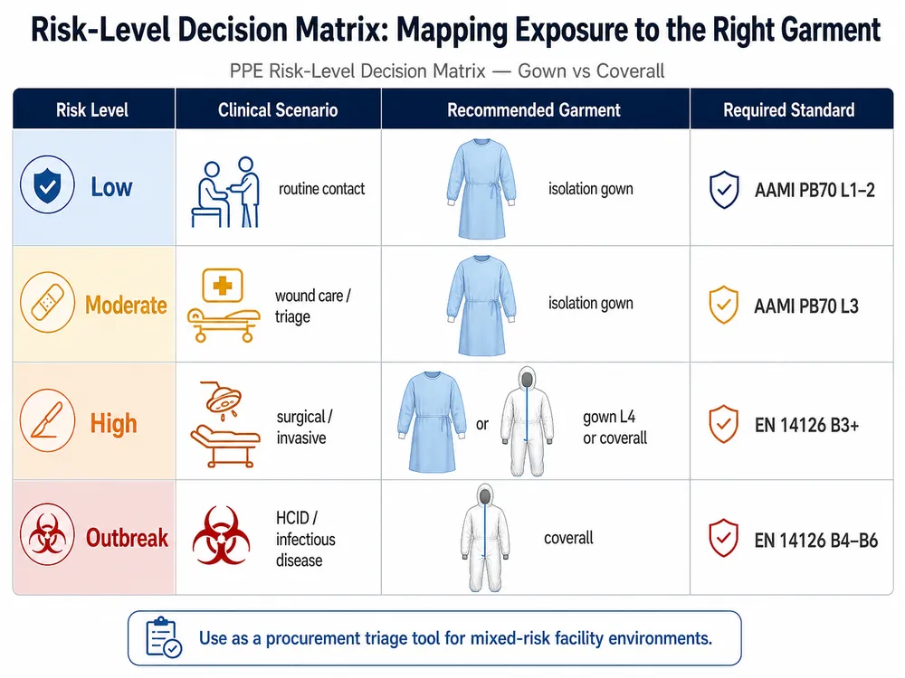 PPE Risk-Level Decision Matrix — Gown vs Coverall Risk-level decision matrix mapping clinical exposure scenarios to isolation gown or protective coverall selection