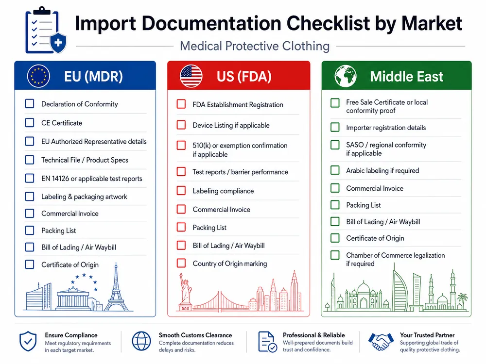 Procurement checklist showing required import documentation for medical protective clothing by destination market (EU, US, Middle East)