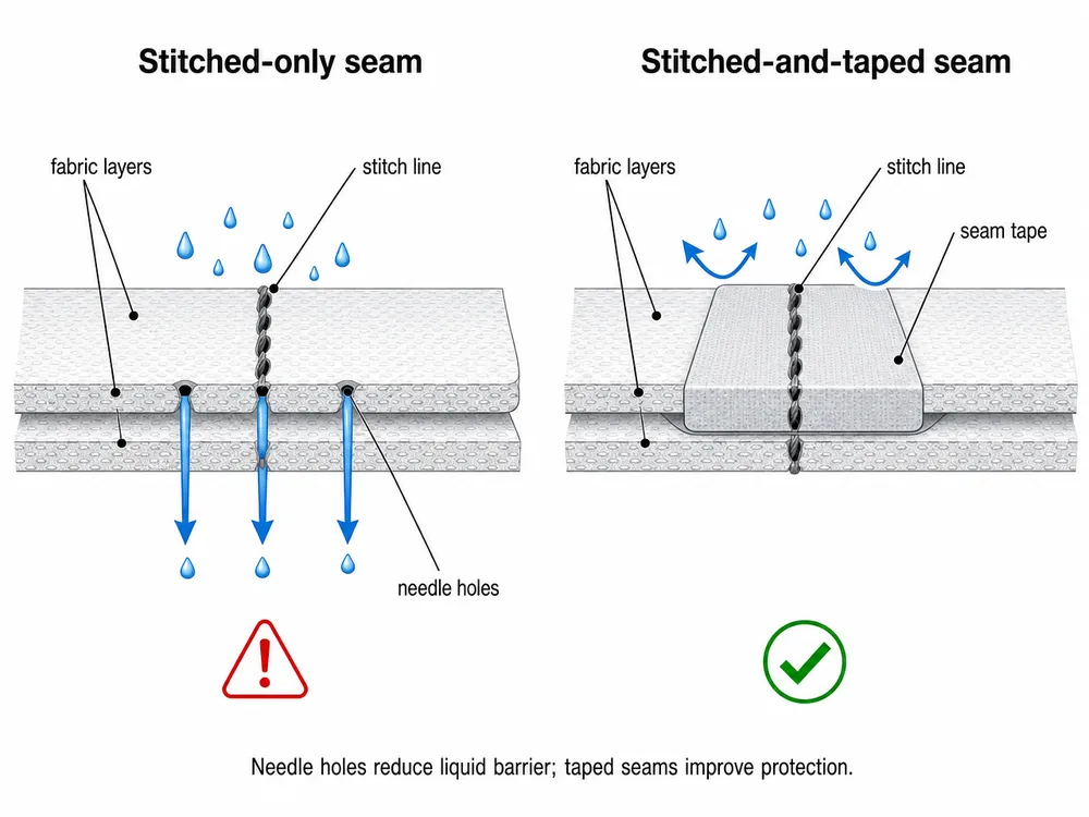 Cross-section diagram comparing stitched-only seam versus stitched-and-taped seam in medical protective coveralls