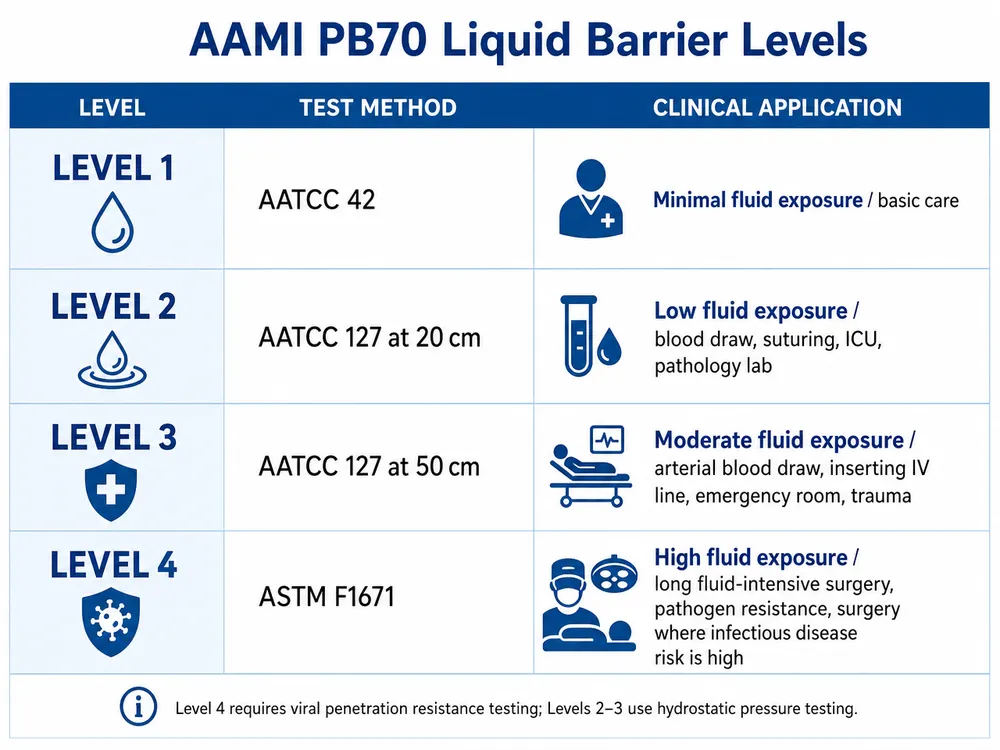 AAMI PB70 four liquid barrier levels diagram showing test methods and clinical applications for each level from Level 1 to Level 4