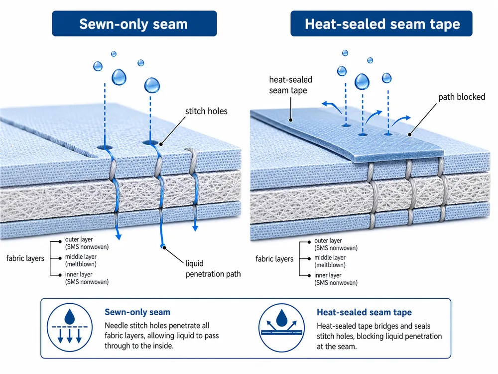 Cross-section diagram comparing sewn-only seam versus heat-sealed seam tape construction in medical protective gowns showing liquid penetration pathways