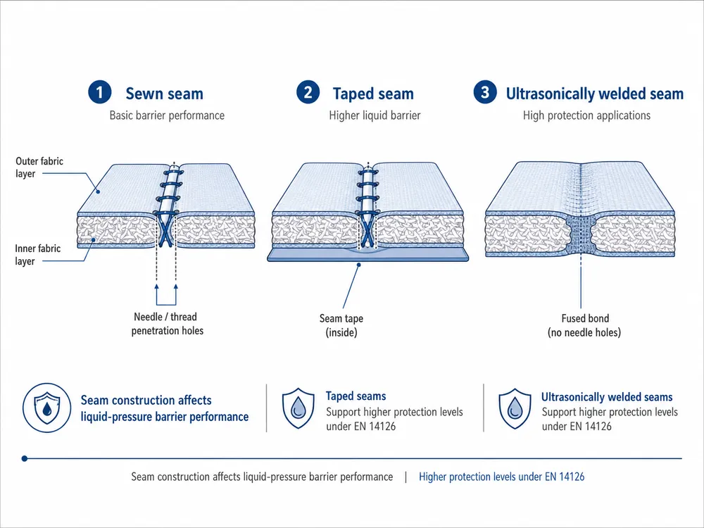 Comparison diagram of sewn, taped, and ultrasonically welded seam construction in medical protective clothing