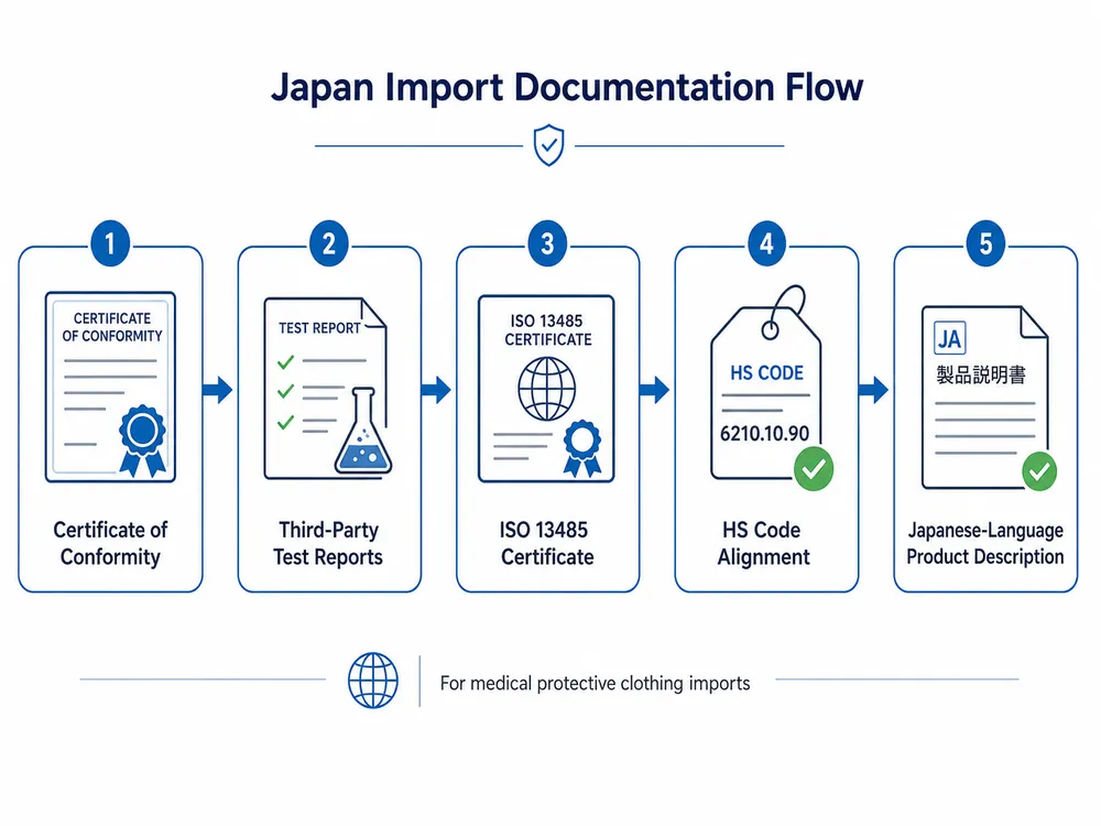 Japan Medical PPE Import Documentation Requirements Import documentation flow for medical protective clothing entering Japan showing required certificates, test reports, and HS code requirements