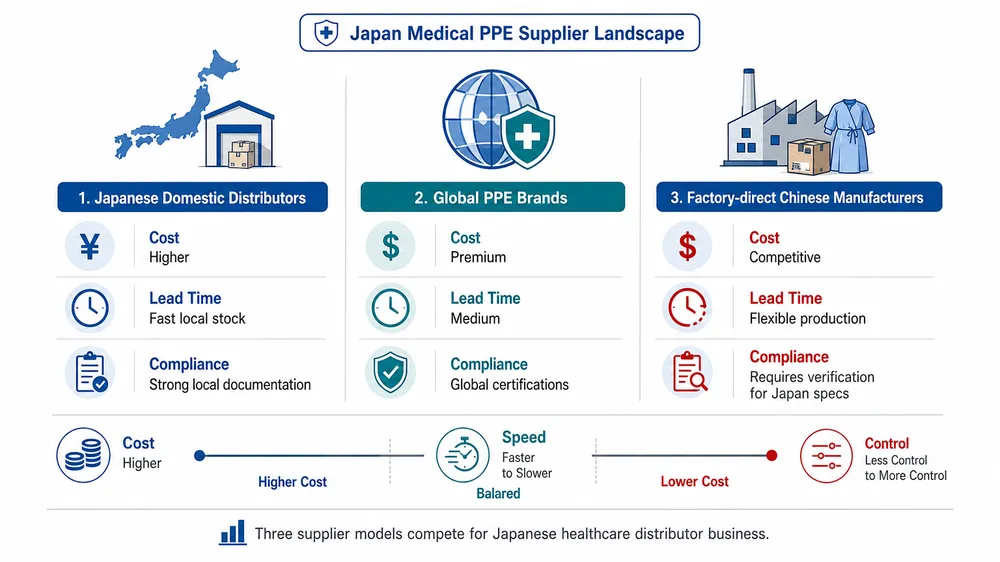 Japan Medical PPE Supplier Landscape Overview Supplier landscape map showing domestic Japanese distributors, global PPE brands, and factory-direct Chinese manufacturers for healthcare protective clothing