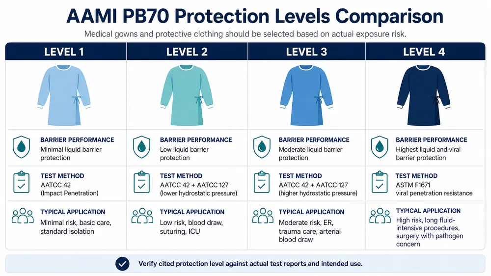 AAMI PB70 Protection Levels Comparison AAMI PB70 barrier protection levels 1 through 4 comparison chart for medical gowns and protective clothing