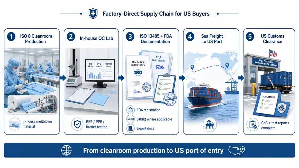 eztio Factory-Direct Supply Chain for US Buyers eztio factory-direct medical protective clothing supply chain showing FDA registration, ISO 13485 cleanroom production, and export documentation flow
