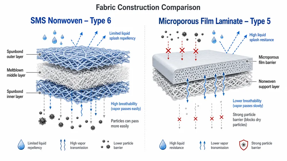 SMS vs Microporous Film Coverall Fabric Construction Cross-section diagram comparing SMS nonwoven and microporous film laminate fabric structures used in Type 5 and Type 6 protective coveralls