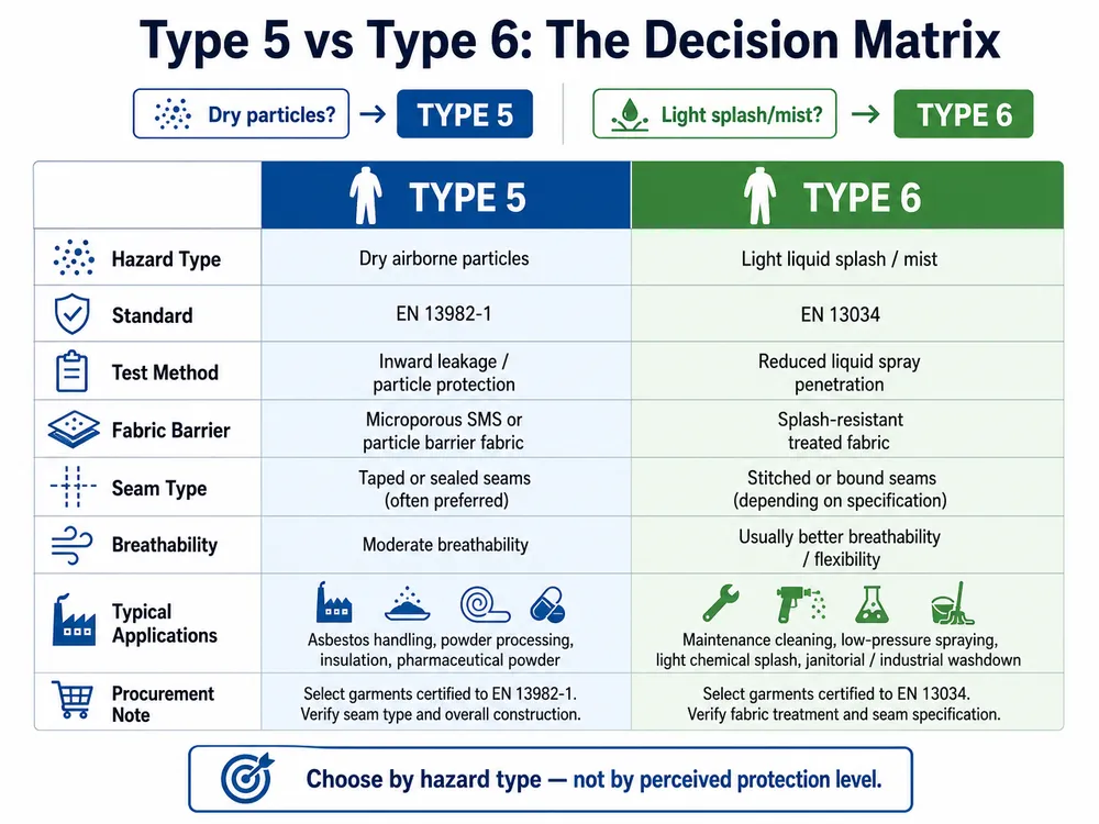 Type 5 vs Type 6 Coverall Selection Matrix Decision matrix chart for selecting Type 5 or Type 6 protective coverall based on hazard type and application environment