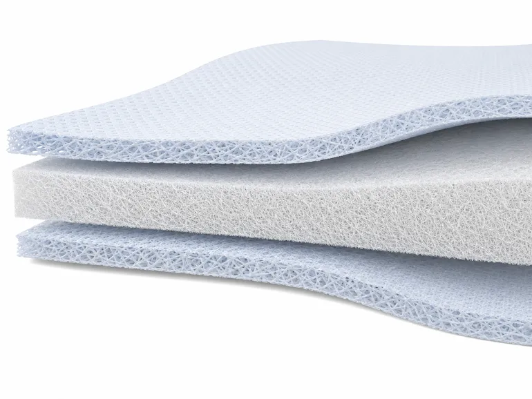 Cross-section diagram of SMS nonwoven fabric showing spunbond outer layers and meltblown middle barrier layer