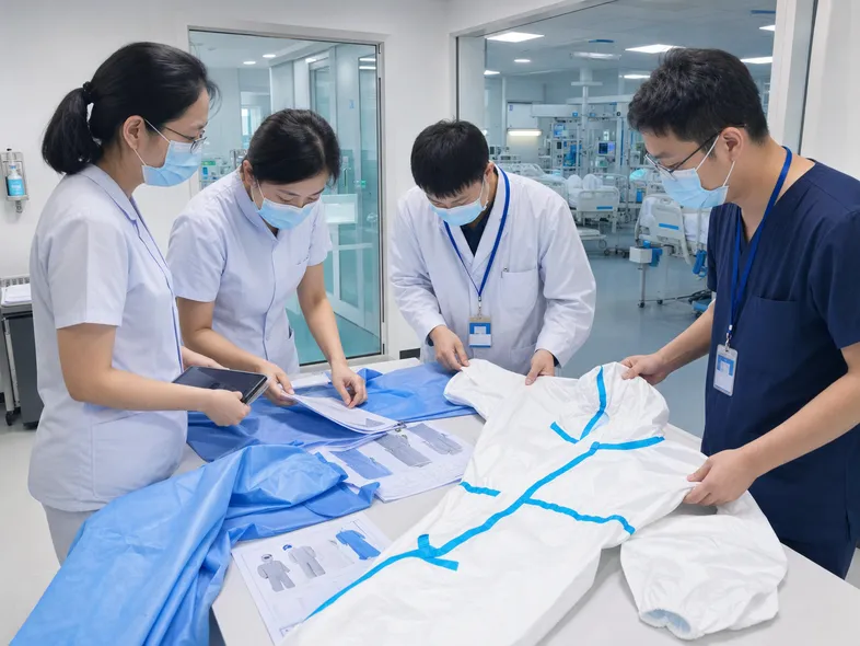 Hospital procurement team reviewing protective clothing specifications in a clinical setting