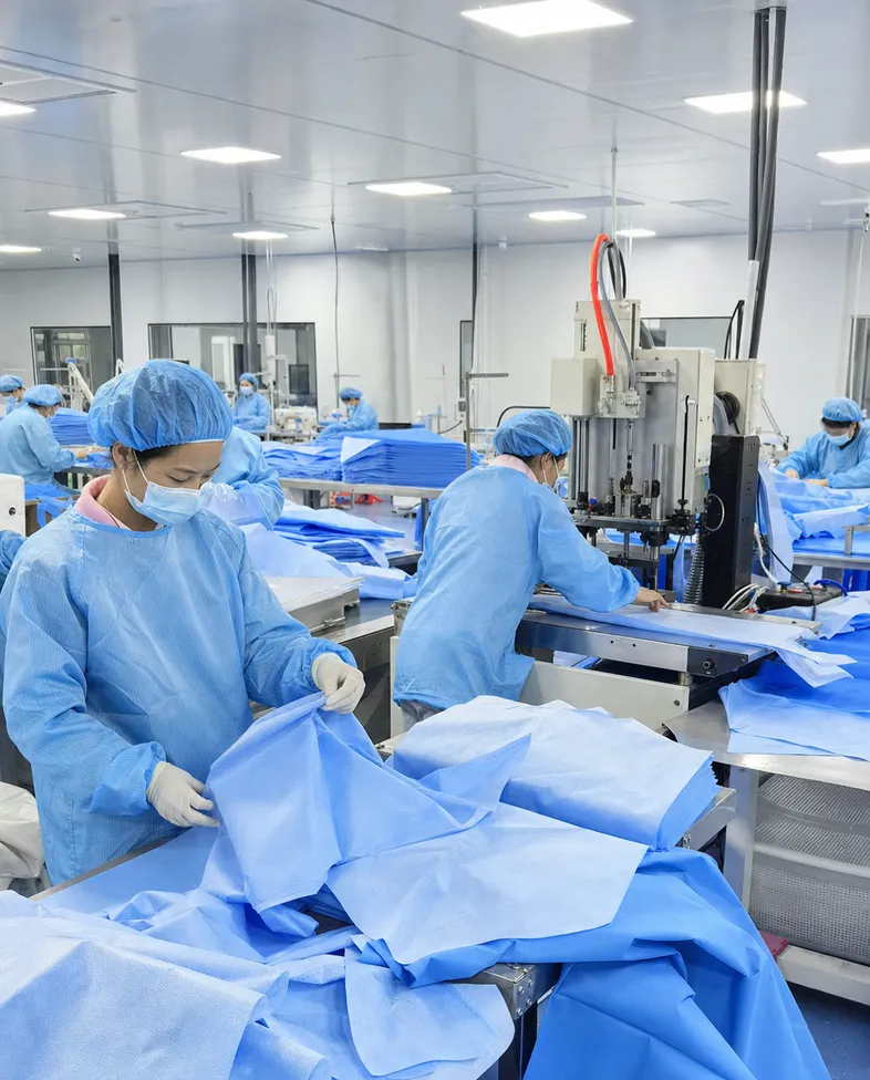Isolation gown production in ISO 8 cleanroom environment with ultrasonic sealing equipment