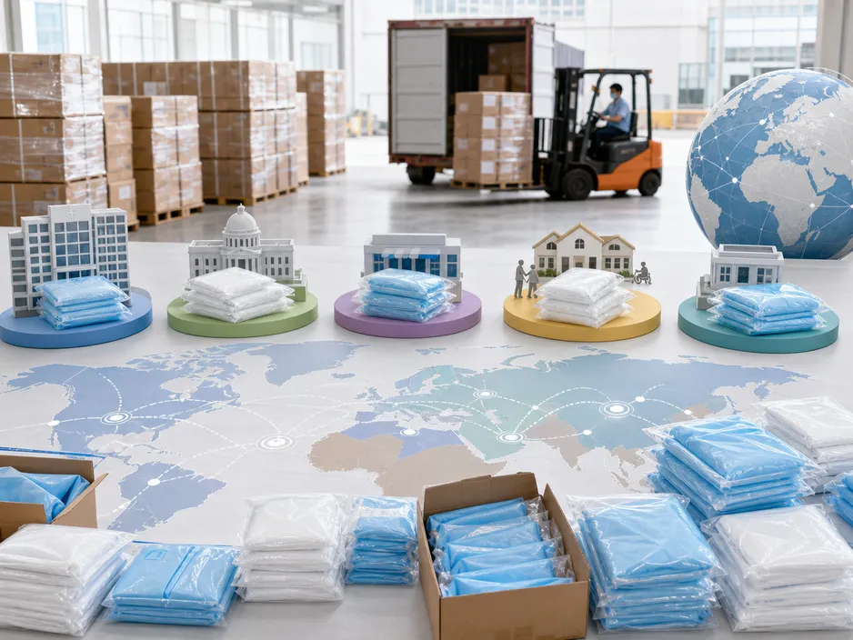 Global distribution of medical isolation gowns across hospital, government, and private-label channels