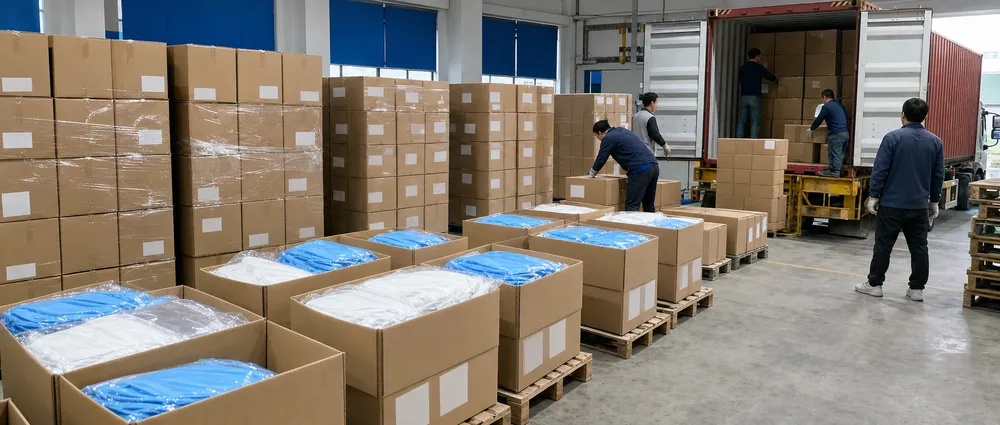 Medical isolation gown packaging configurations and container loading layout