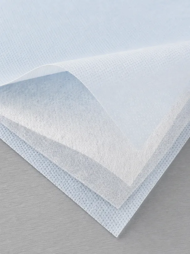 Close-up of SMS nonwoven fabric layers — spunbond-meltblown-spunbond structure used in medical isolation gowns