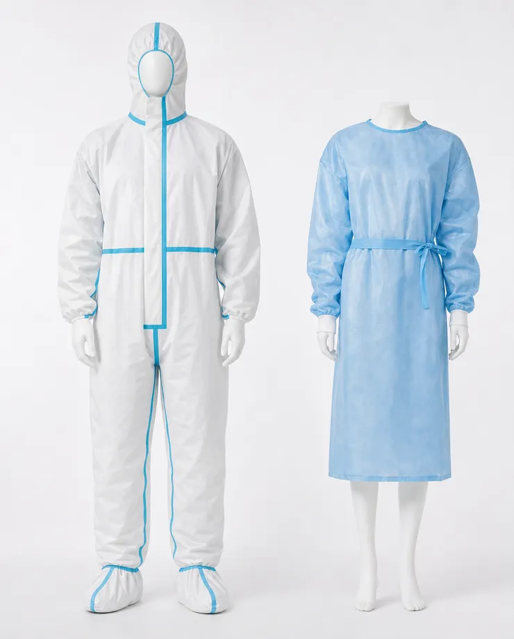 Medical protective coverall shown alongside isolation gown illustrating full-body coverage difference