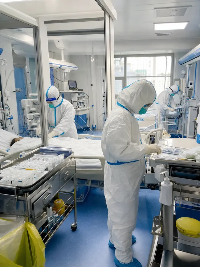 Healthcare workers in medical protective coveralls within hospital isolation ward setting