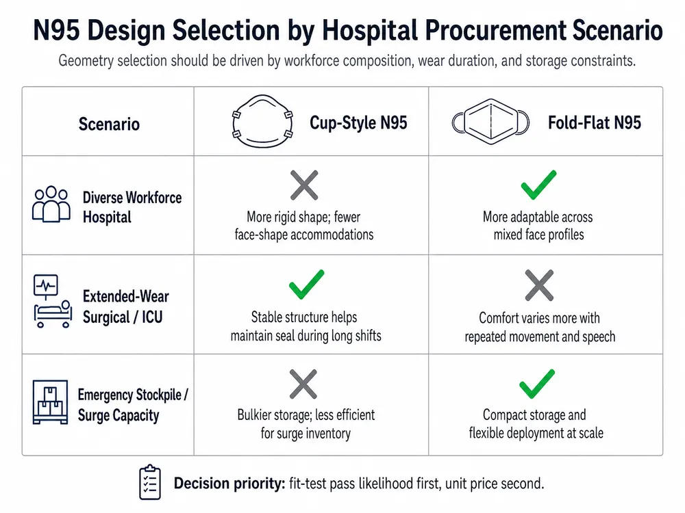N95 Design Selection by Hospital Procurement Scenario Decision matrix showing which N95 design wins across three hospital procurement scenarios: diverse workforce, extended-wear surgical, and emergency stockpile